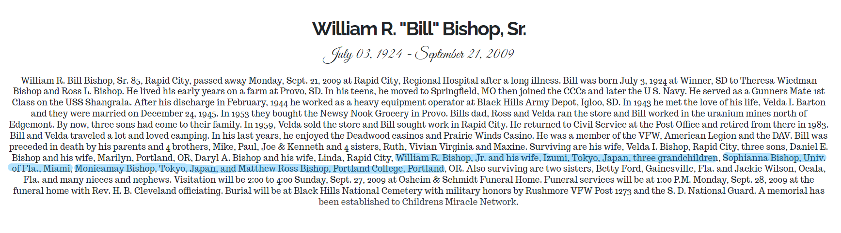 ビショップ家の家族の名前が詳しく書かれた文献　https://www.osheimschmidt.com/obituary/5717025/print